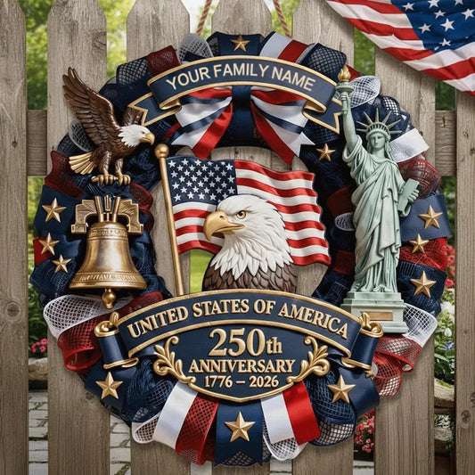 Personalized America 250th Anniversary Wood Wreath – 1776-2026 Patriotic Door Sign